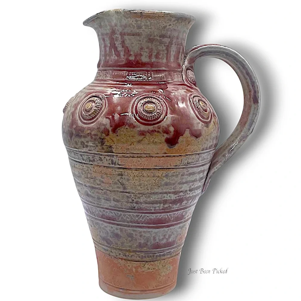 Clark Studio Pottery Pitcher Large‎ Salt Glaze Stoneware Red Tan Medallion